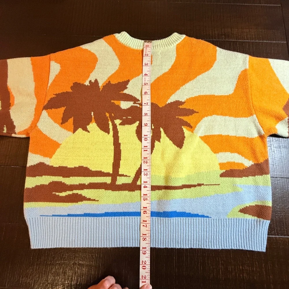 PacSun Tropical Palm Tree Sunset Intarsia Knit Sweater XS Orange Blue Cotton - Picture 8 of 8